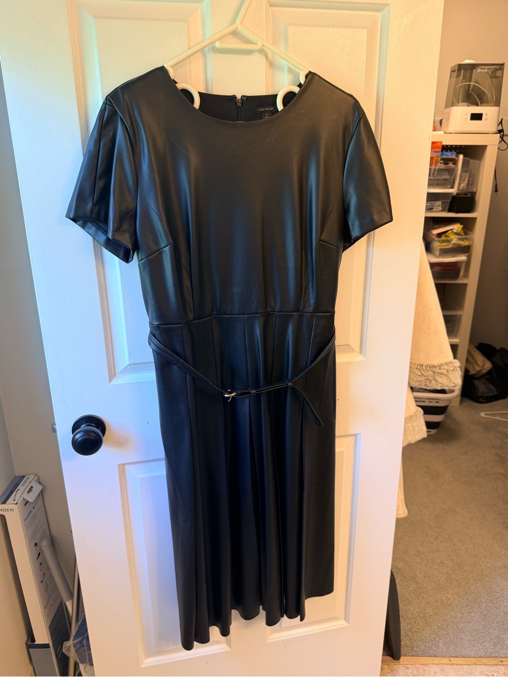 Ann Taylor Size 14 Black Faux Leather Short-Sleeve Midi Dress with Belt